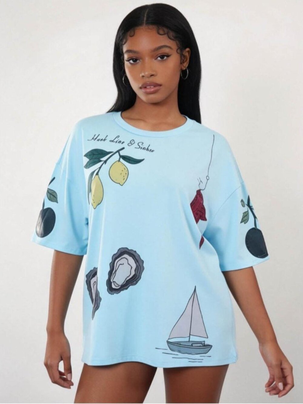 Cherie Code Graphic Tee Hook Line And Sinker Women's XL NWT Blue